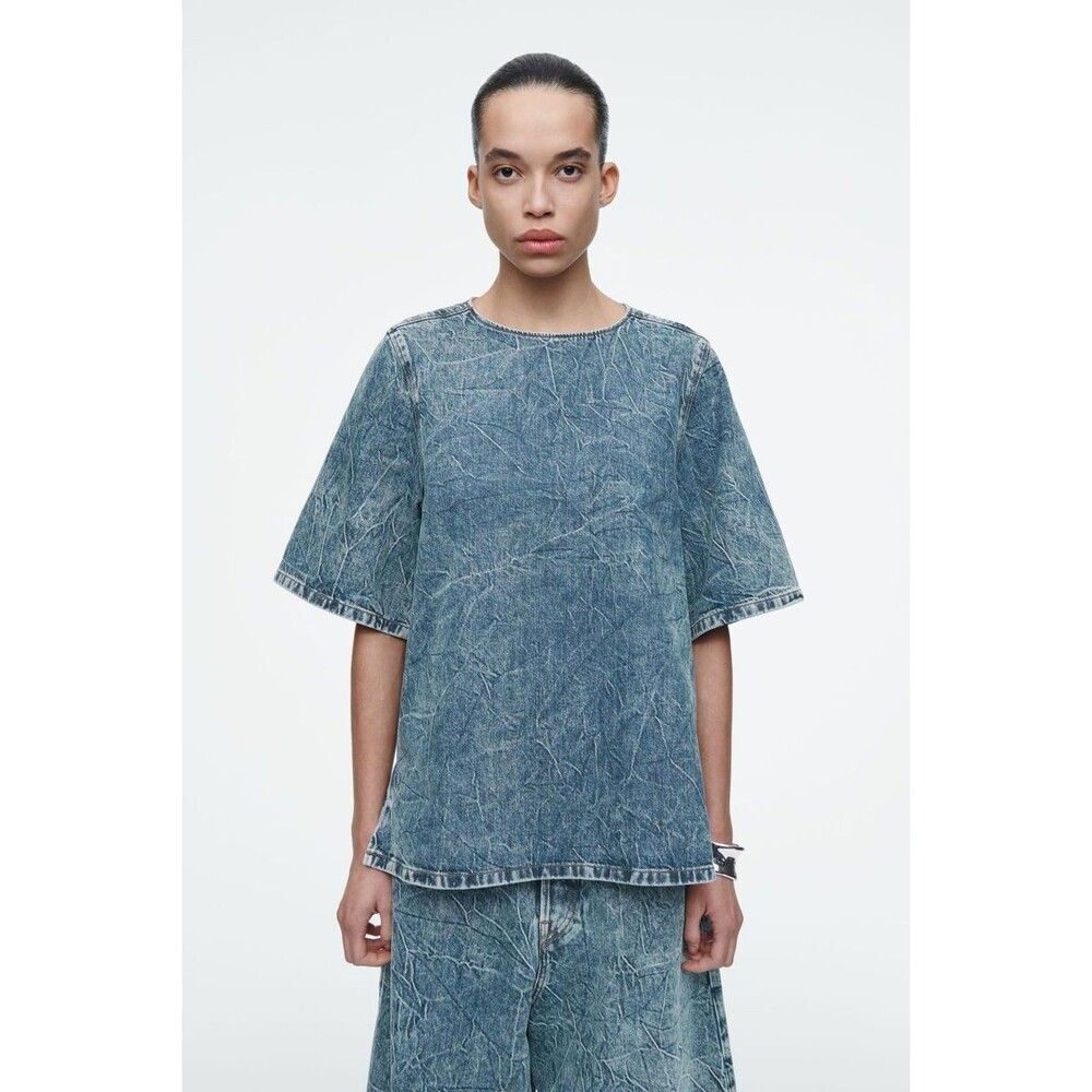 COS NWT Washed Crinkle Denim Short Sleeve T Shirt Relaxed A Line Size 36